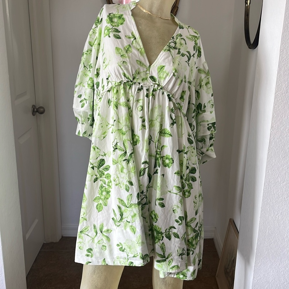 Anthropologie White Dress with Light and Dark Green Floral Print